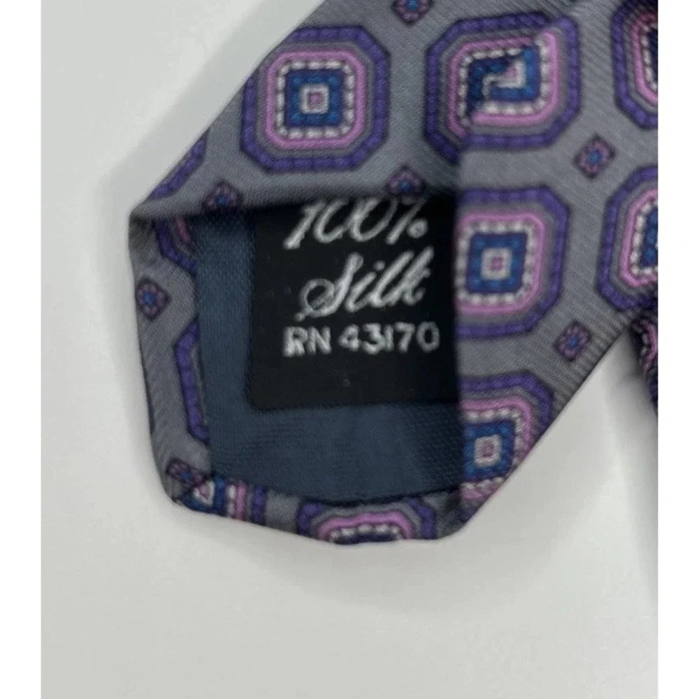 Oakton Ltd Men's 100% Silk Neck Tie, Geometric Purple, Pink, Blue On Gray Formal
